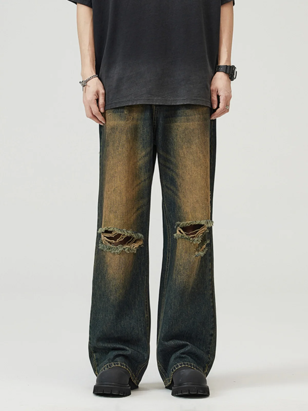 

Vintage Waed Wide Leg Jeans Men's Loose Fit Straight Cut Denim Trousers Casual Long Pants Tear Design Retro Trendy Brand
