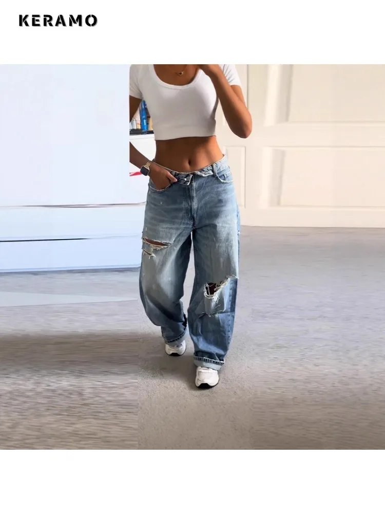 Jean ample bleu Vintage pour femme, pantalon en détresse, Kpop Y2K, dommages Emo, jambes larges, déchiré, Harajuku, hiver 2025