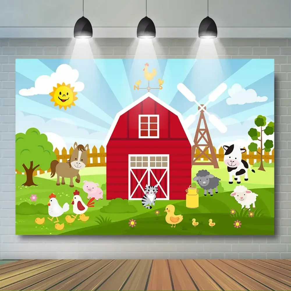 만화 농장 생일 배경 빨간색 농장 앞마당 베이비 샤워 배경 농장 동물, 어린이 생일 파티 배너 장식