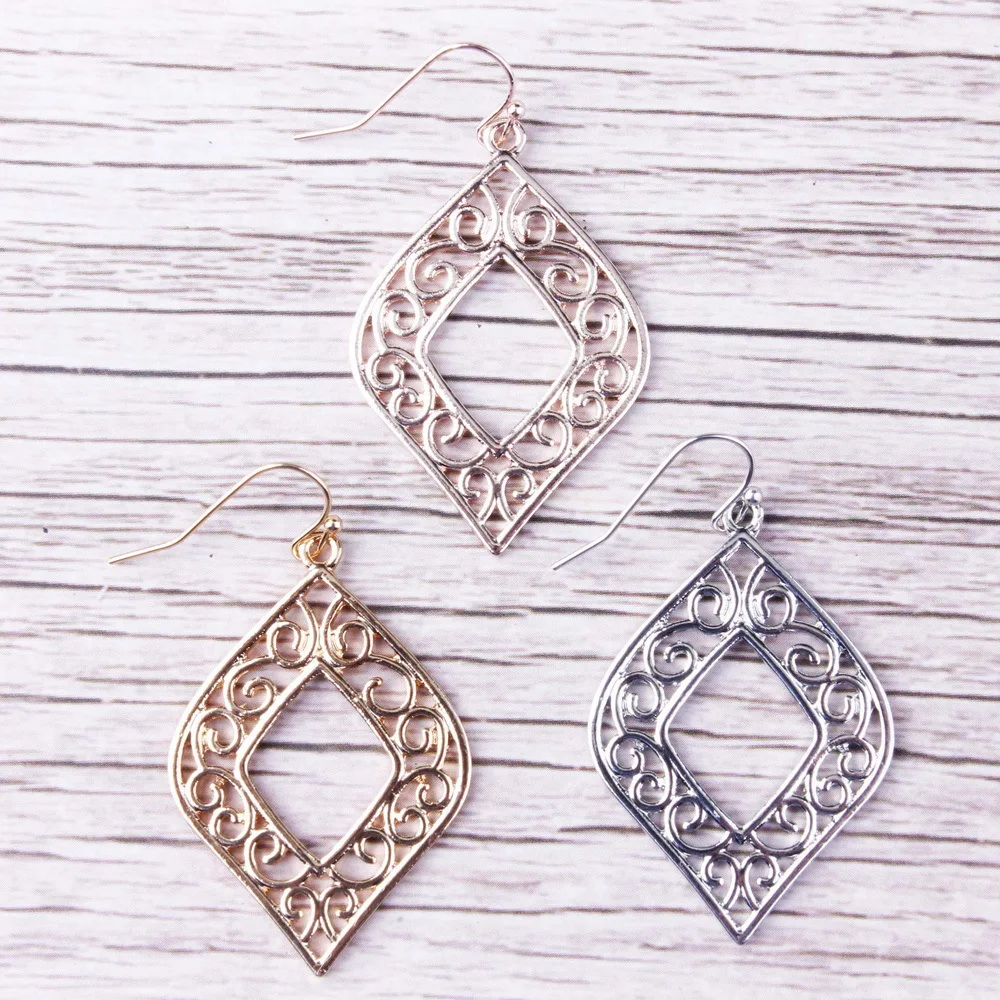 Gold Silver Rose Plated Filigree Geometric Moroccan Hook Drop Earrings Women Hollow Out Metal Jewelry Gifts