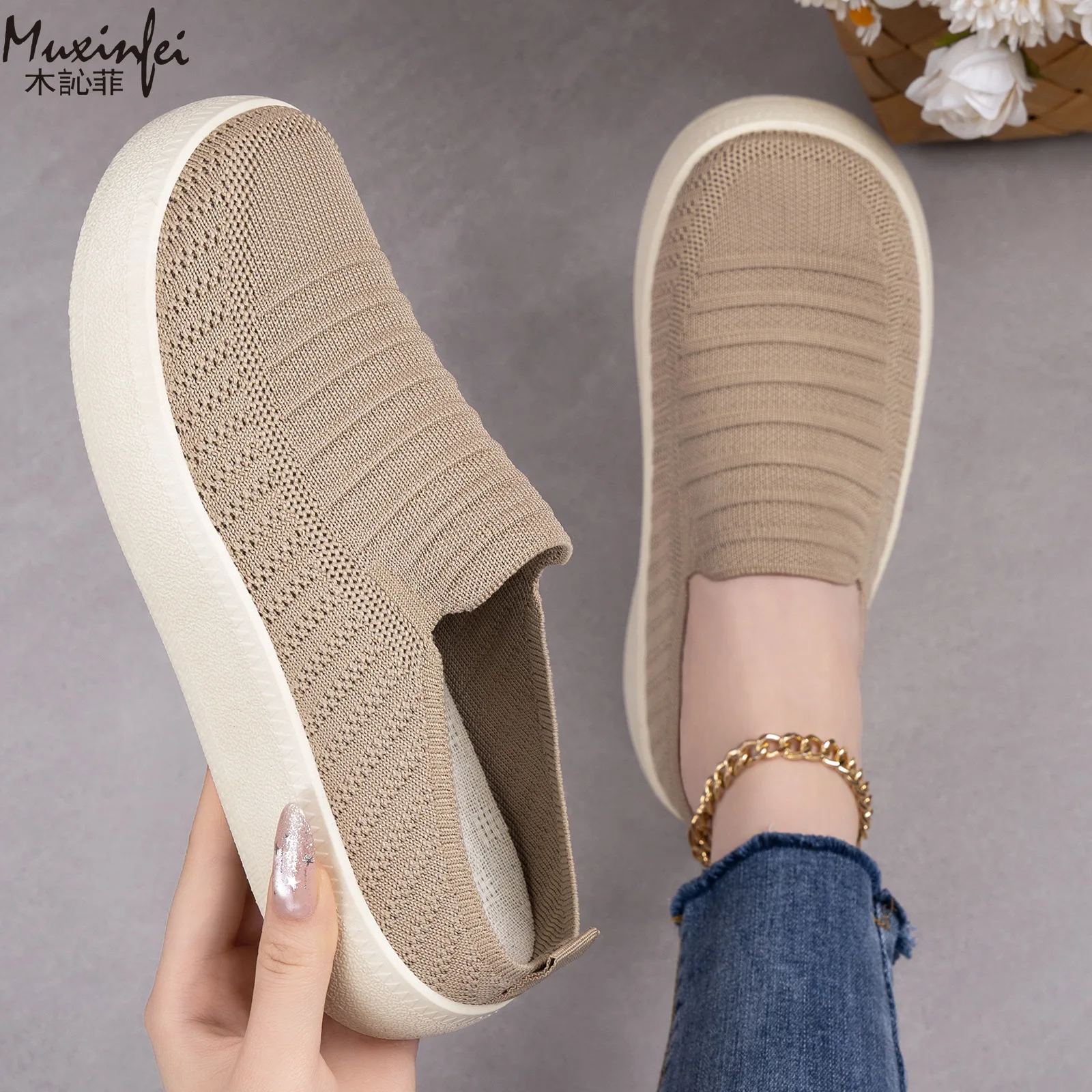 

Women's Spring New Fabric Shoes, Soft Soled Breathable Half Support Shoes, Lightweight Casual Shoes, One Foot Women's Shoes