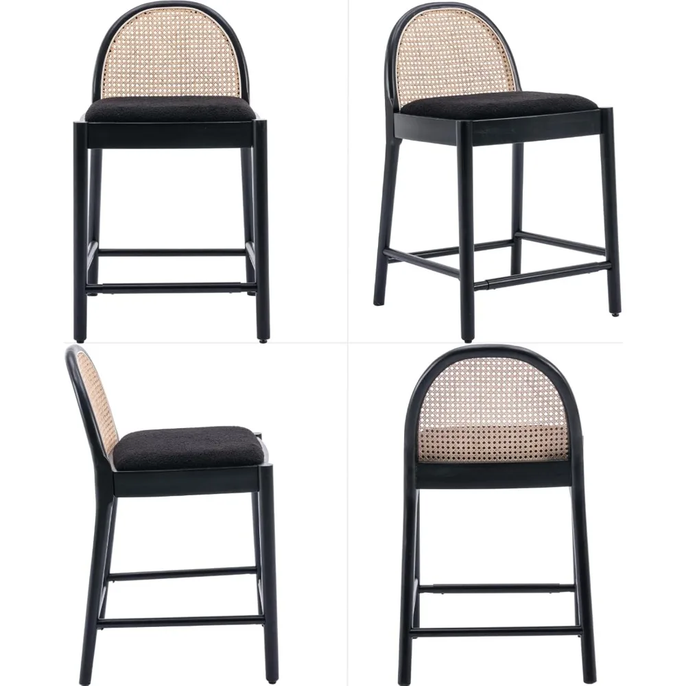 Meados do século Bar Stools Set, Rattan Voltar Rattan, Counter Altura Barstools, confortável estofados, cadeiras de bar, 26 polegadas