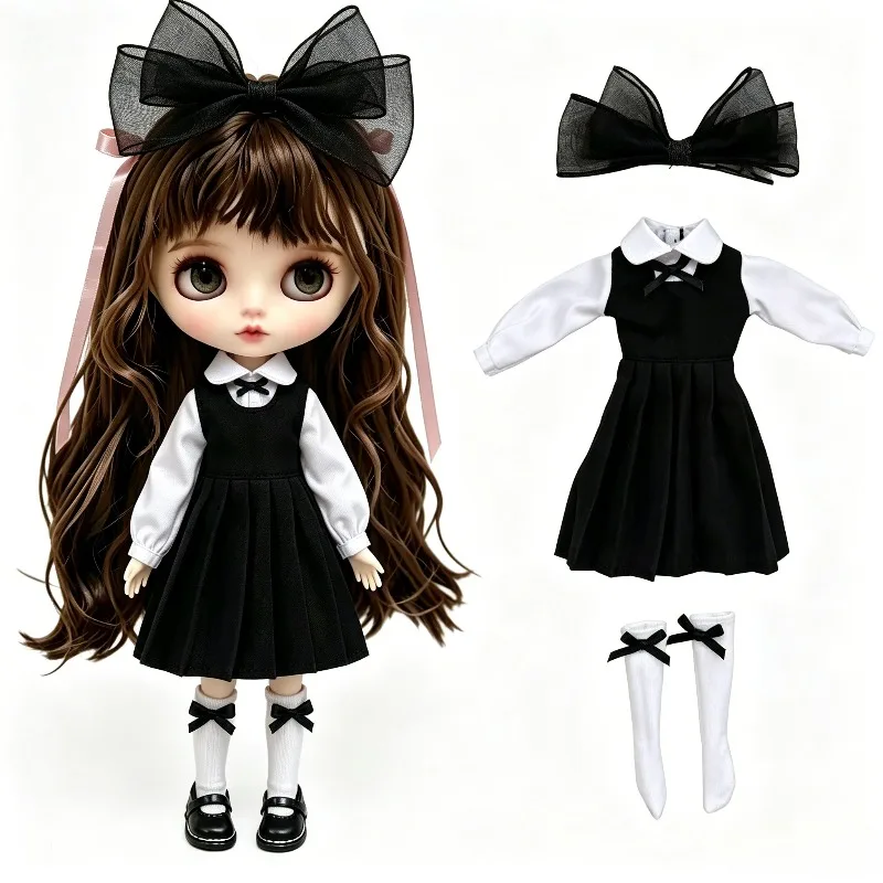 Blythe Doll Clothes 30cm 1/6 BJD Doll School Uniform Outfit 3pcs Set Plaid Dress with White Shirt & Bow Socks for OB22 OB24,