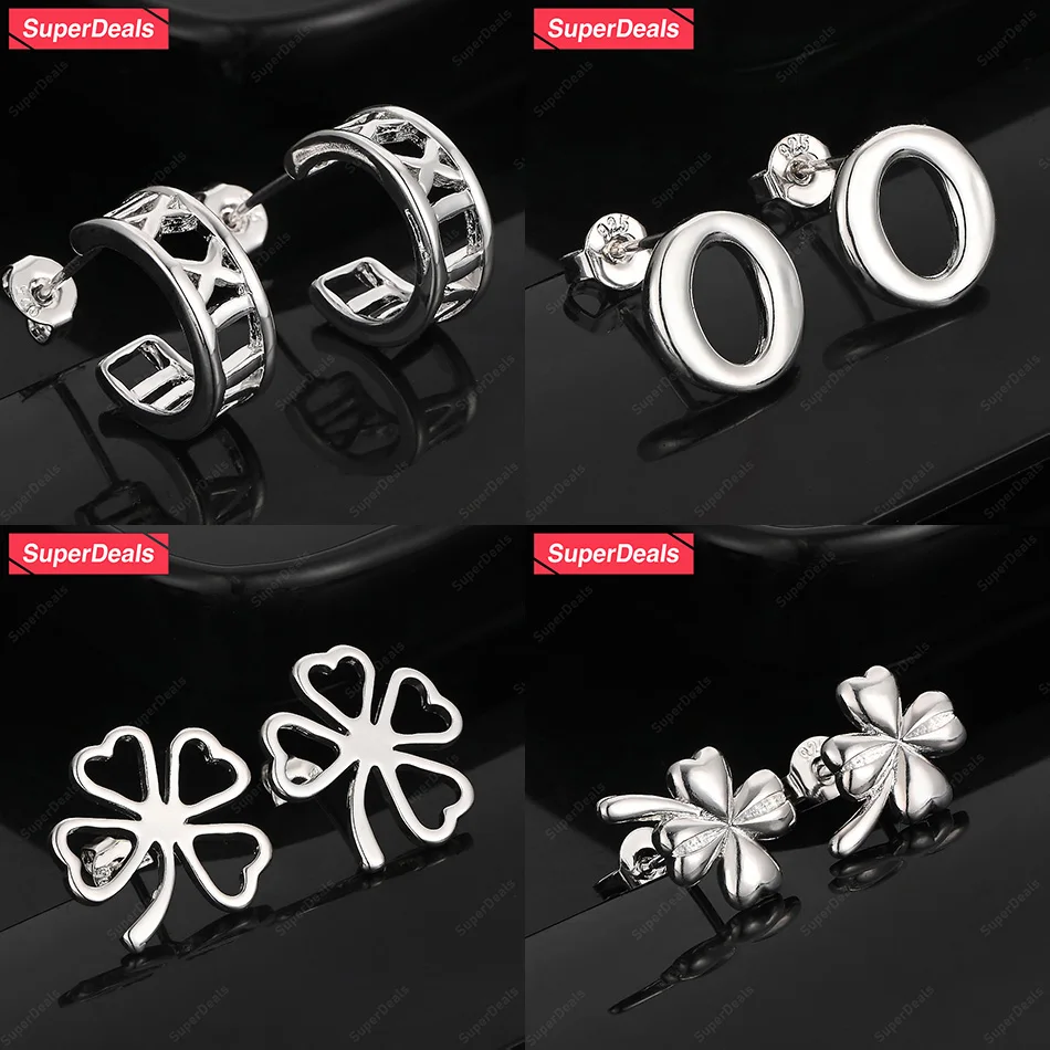

SuperDeals 925 Sterling Silver Four Leaf Clover Round Roman Numeral Stud Earring Women Party Cute Jewelry Valentine's Day Gift