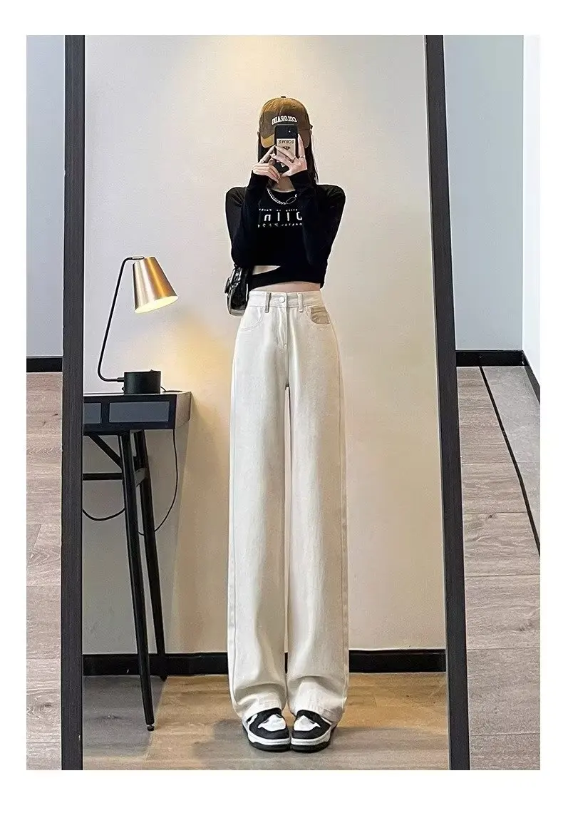 2024 Jeans Women's New Loose Jeans White Narrow Wide Legs Female Fashion Straight High-Waisted Trousers Pants