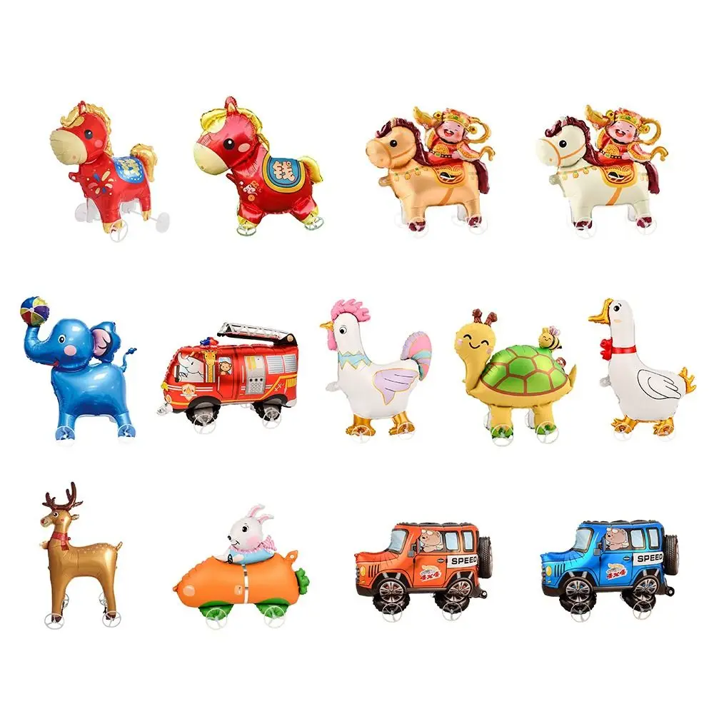 Cartoon Design 4D Balloons Multi Style Cute Version Aluminum Foil Balloon With Wheel Wheeled Pony Balloon Stall Decoration