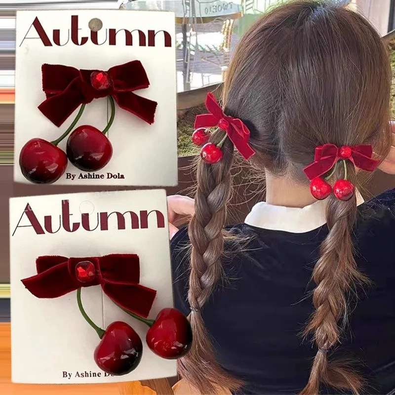 Grampo de cabelo de veludo vermelho cereja para meninas, grampo elegante, borda versátil, Headwear fresco doce, acessórios elegantes