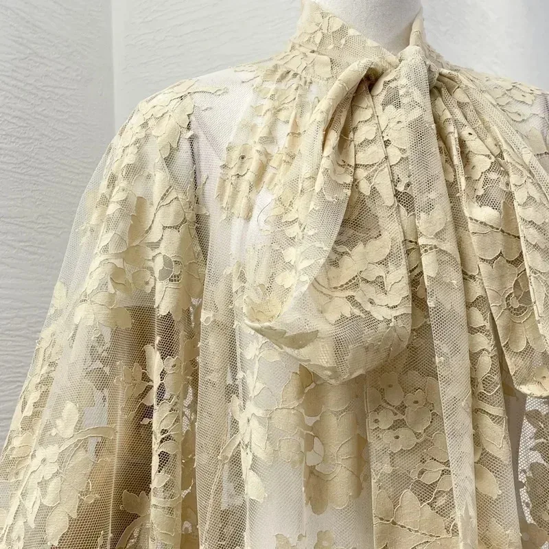 Vestido elegante feminino 2024 wnew alta qualidade marrom/bege manga longa auto laço no pescoço rendas retalhos maxi vestidos para férias