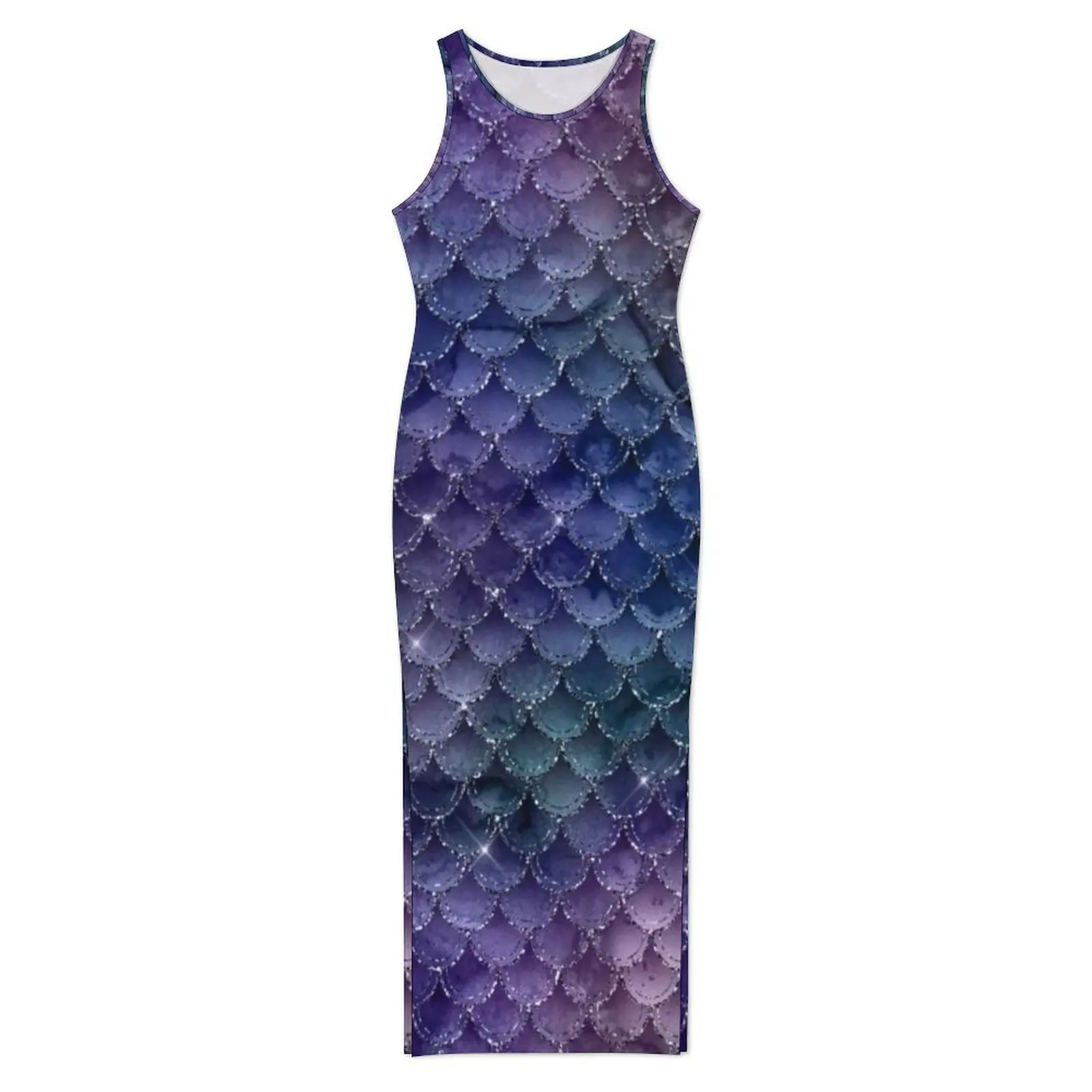 Damska obcisła sukienka modna brokatowa łuska syreny sukienki Maxi letnia fioletowa indygo drukuj bez rękawów Streetwear graficzna sukienka
