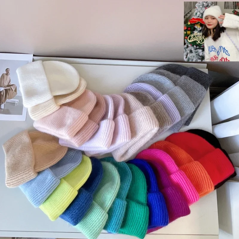 Winter Angola Rabbit Fur Knitted Beanies For Women Fashion Solid Warm Cashmere Wool Skullies Cap Female Three Fold Thick Hats