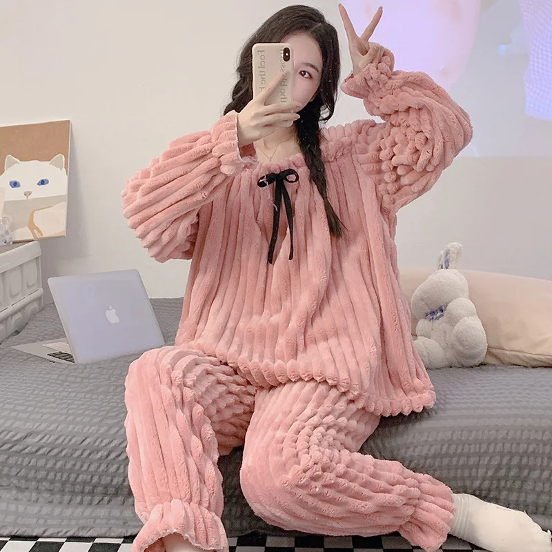 

M-2XL зимний пижамный комплект из кораллового флиса, женская жаккардовая одежда для дома, зимняя теплая верхняя одежда, домашний рождественский праздник, подарки для школы