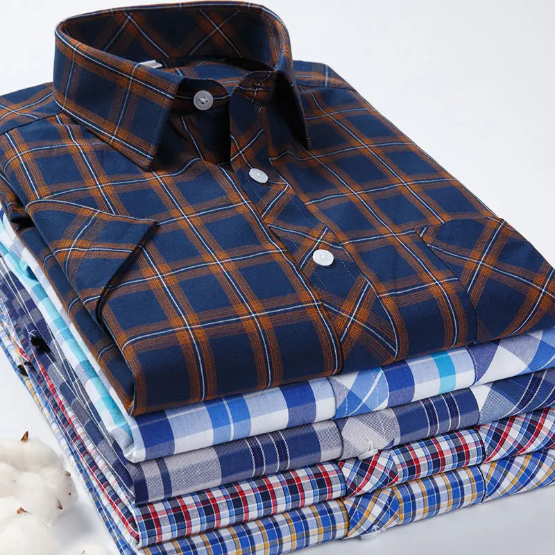 100% Cotton Shirts for Men Thin Short Sleeve Striped Check Shirt Summer Casual Male Office Business Dress Shirt Plus Size S-8XL