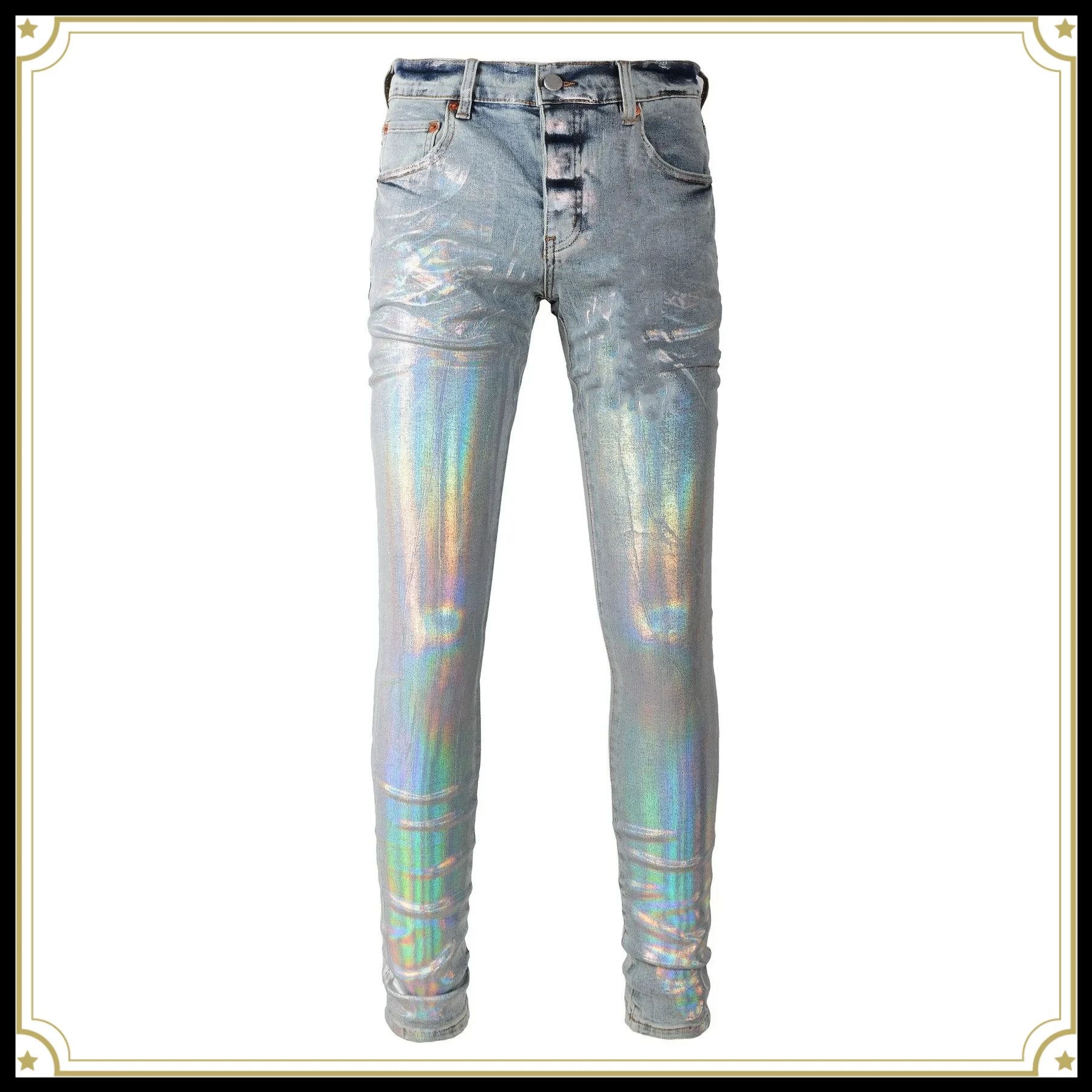 American High Street Men's Washed Distressed Blue Coated Stretch Skinny High Quality Button Fly Ripped Jeans Men Pants