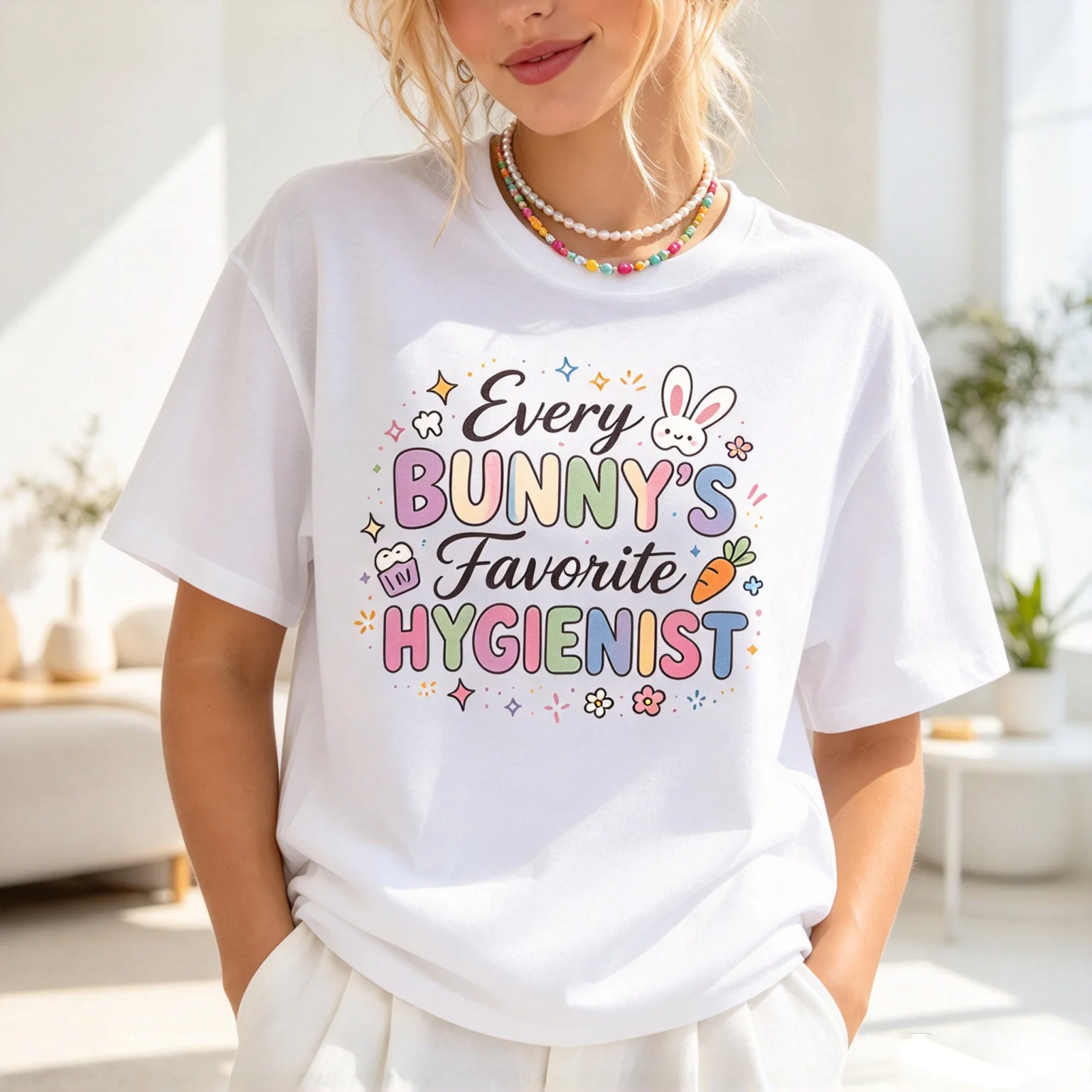 Women Every Bunnys Favorite Hygienist Easter Bunny Dental Graphic T Shirt Colorful Hand Lettering Short Sleeve Tees
