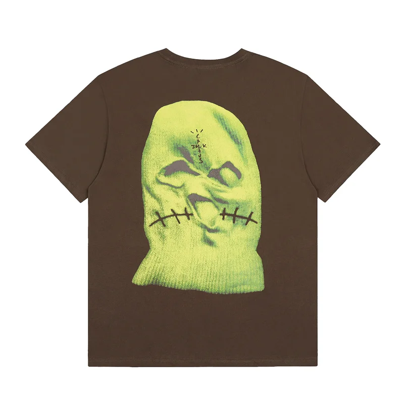 

Coffee Colored Cotton Cactus Jack Tshirt Masked Human Head Number 2 Printed Casual Loose T-shirt Fashion Men's Women's Tops