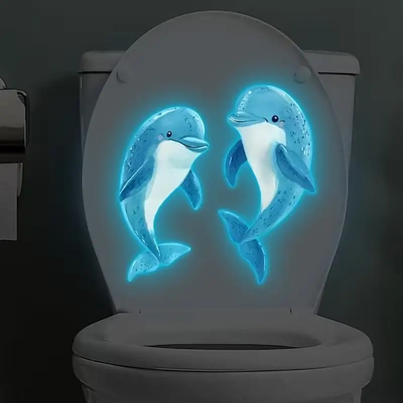 Blue Dolphin Toilet Sticker with Glow in the Dark Effect Waterproof Wall Glass Bathroom Decal for Kids