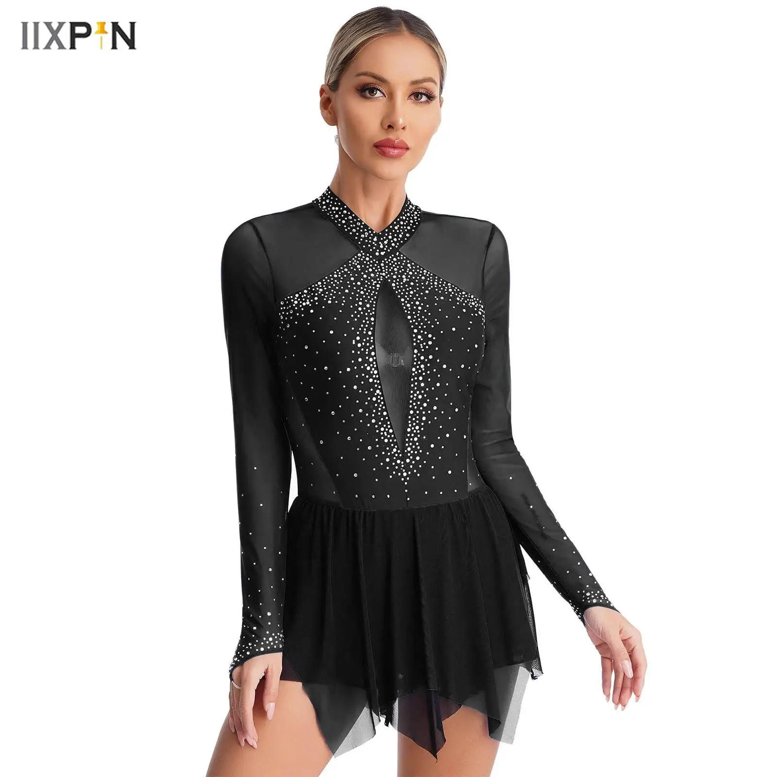 

Womens Figure Skating Dress Sparkling Rhinestones Contrast Color Irregular Hem Long Sleeve Dresses Ballet Dance Dress 2025 New