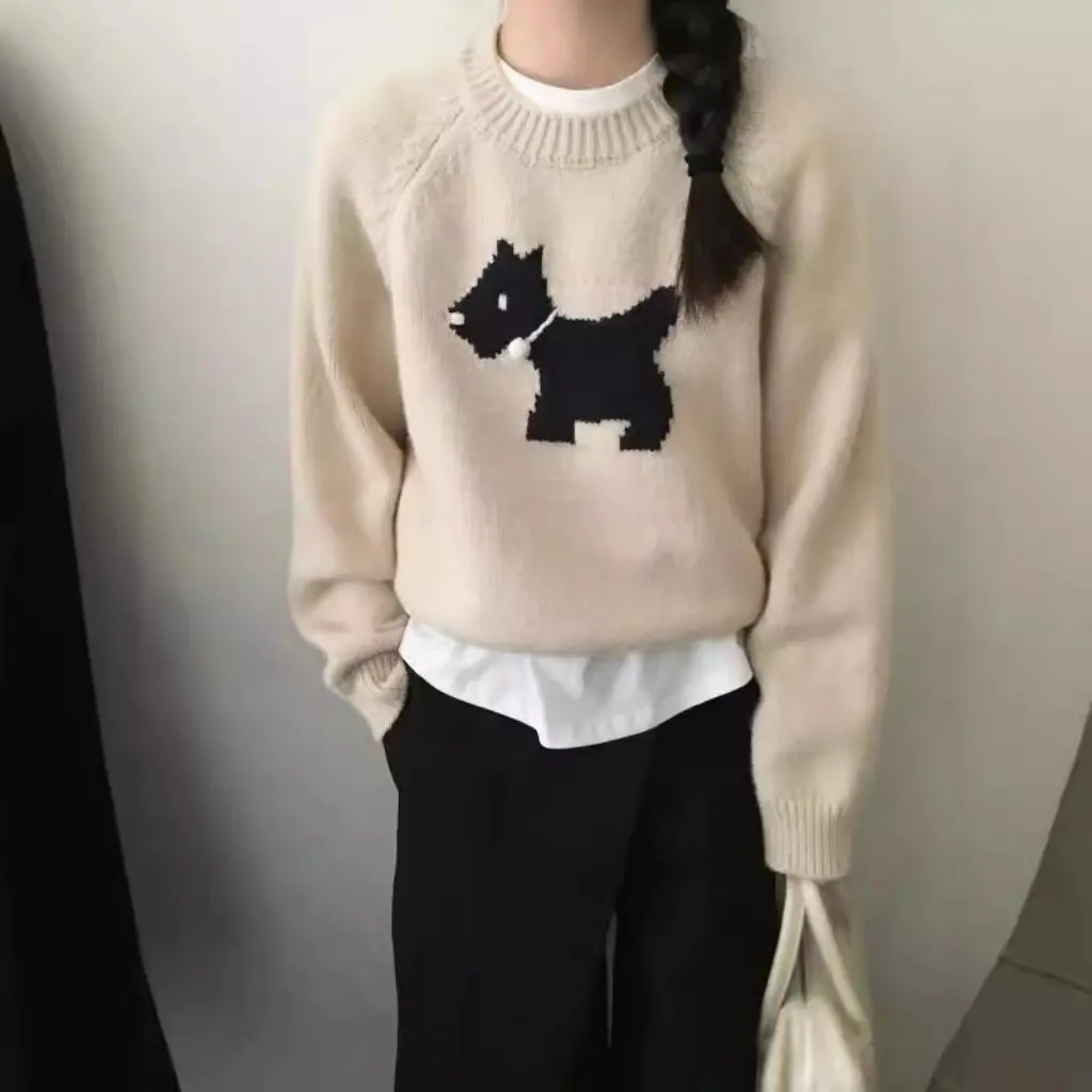 

Женский жаккардовый пуловер с круглым вырезом в корейском стиле, свитер для собак, мягкий свободный короткий восковой топ на осень-зиму