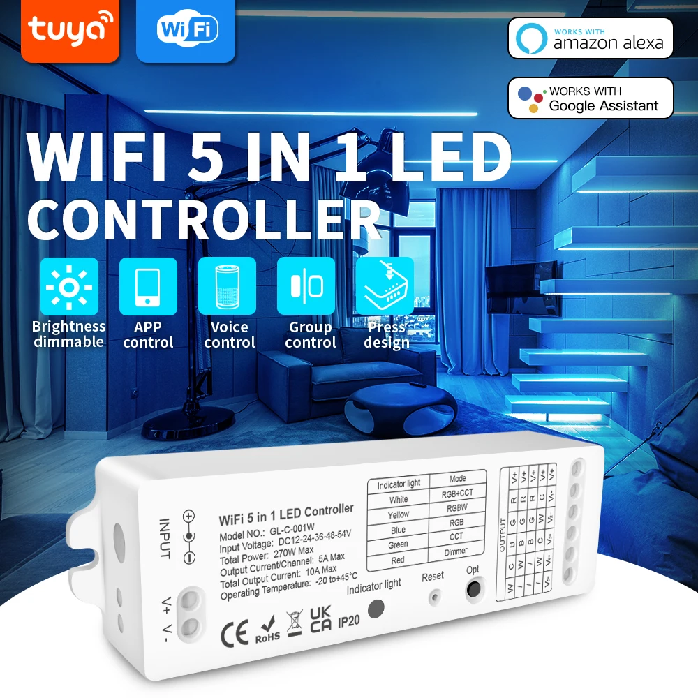 5in1 WiFi LED Strip Controller Work with Tuya Smart Life App / 2.4G RF Remote / Alexa Voice Control No Hub Require, RGBCCT RGBW