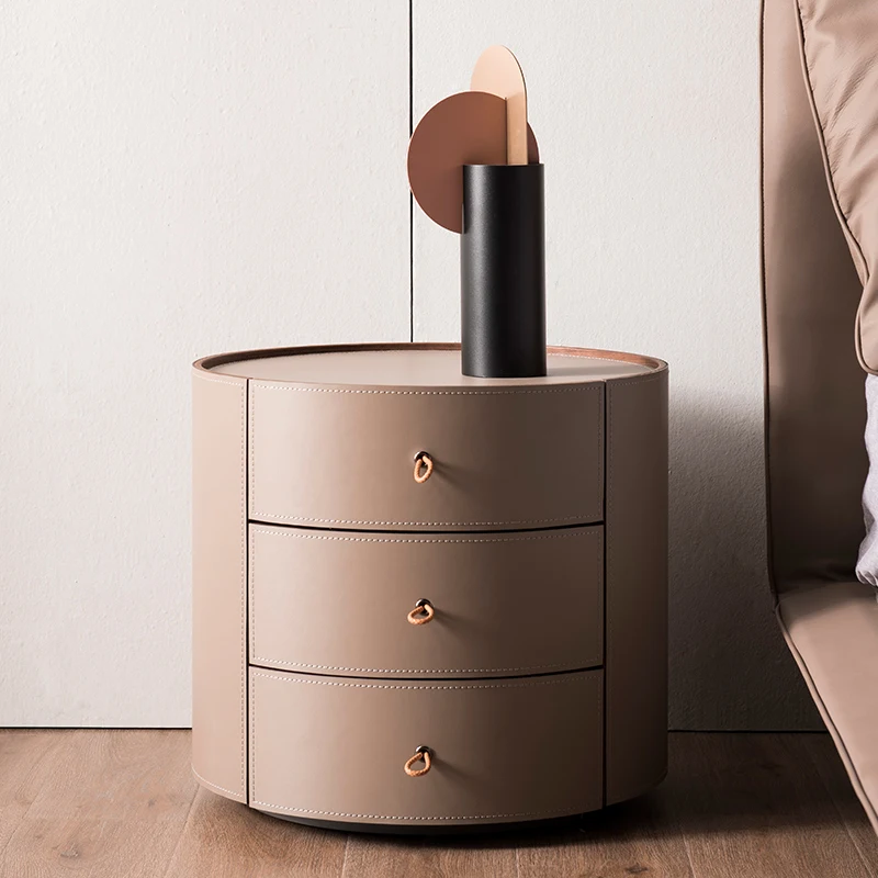 Minimalist Walnut Bedside Table Modern Simple and Light Luxury round Saddle Leather Drawer