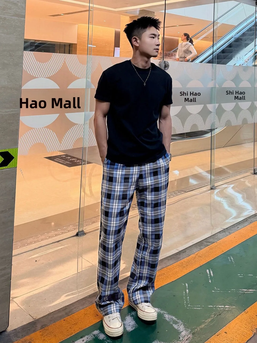 Blue Plaid Bell Bottom Casual Pants Men's Summer Vintage Cleanfit Sports Striped Straight Knife Pants Patchwork Trousers
