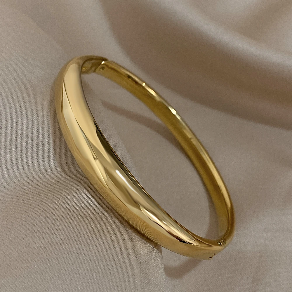 Classic Glossy Thick Curve Bracelet Stainless Steel Bangle for Women Men Cuff Wirstband Smooth Waterproof Charm Bracelet Jewelry