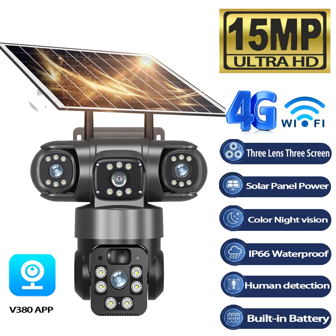 

15MP Solar 4G Sim Camera WiFi Triple Lenses Triple Screen Outdoor Surveillance Security Video PTZ Night Vision IP66 CCTV Cameras
