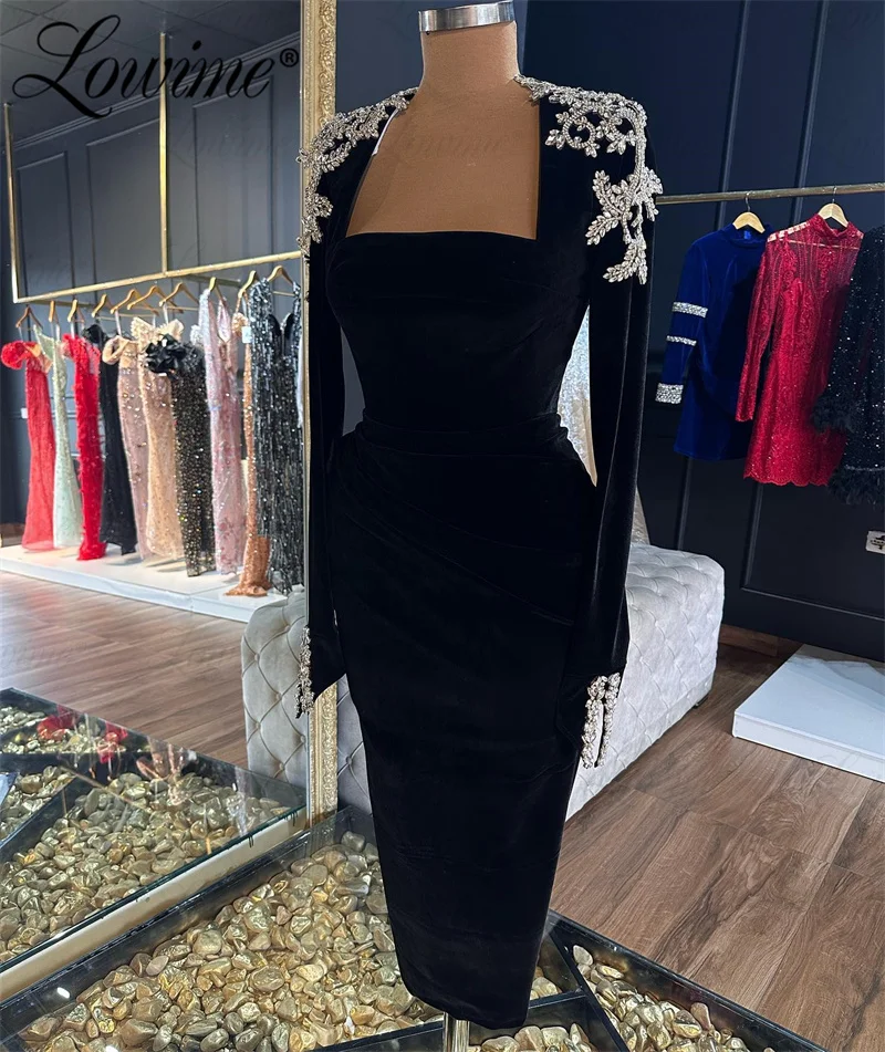 Black Long Sleeve Formal Occasion Dresses Ankle Length Crystals Arabic Evening Dress Custom Made Robe De Soiree Party Gowns 2024