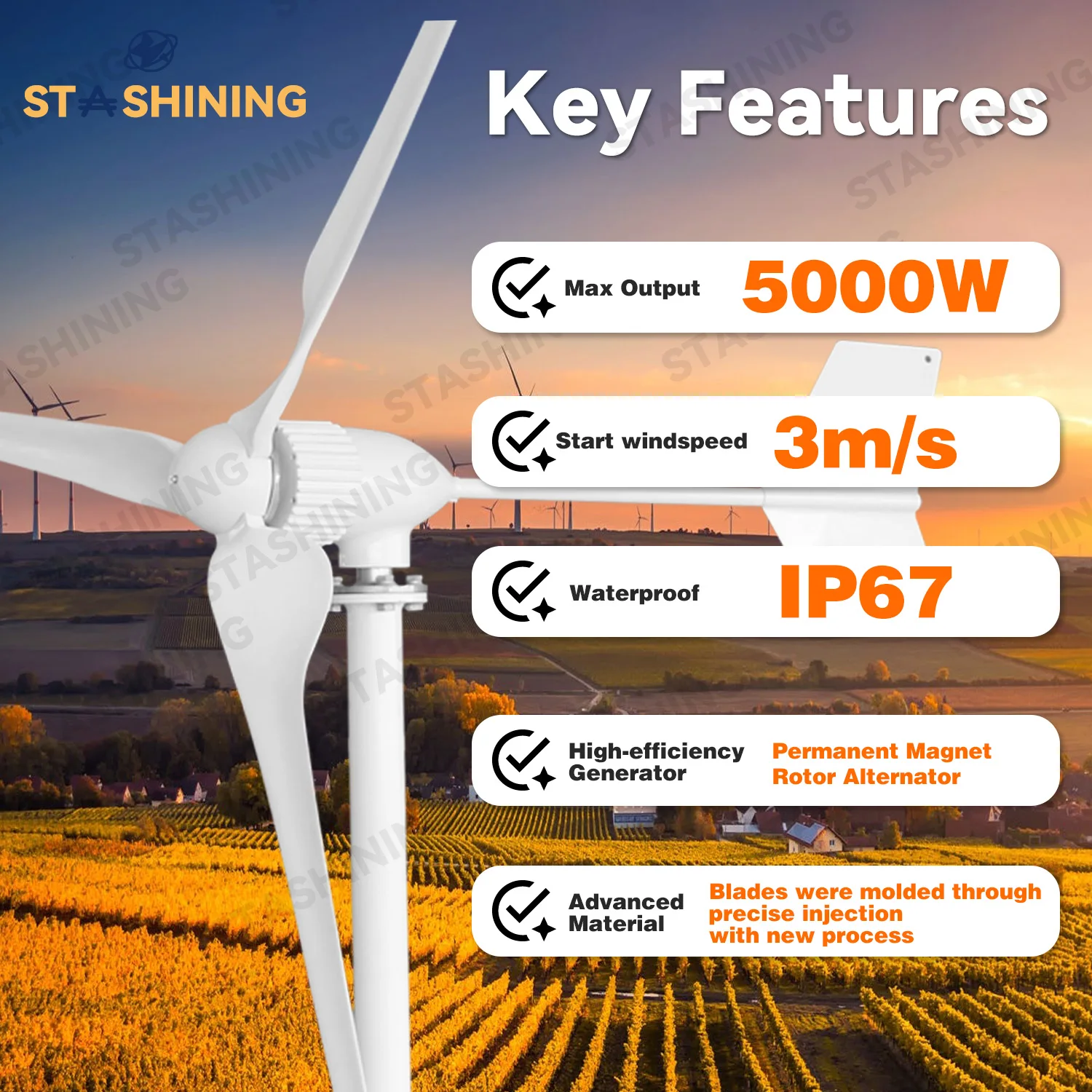 【Higher-Output】Horizontal Wind Turbine Generator 5000W Max Windmill W/ MPPT Hybrid  Charge Solar Wind Off-Grid System,  3 Blades