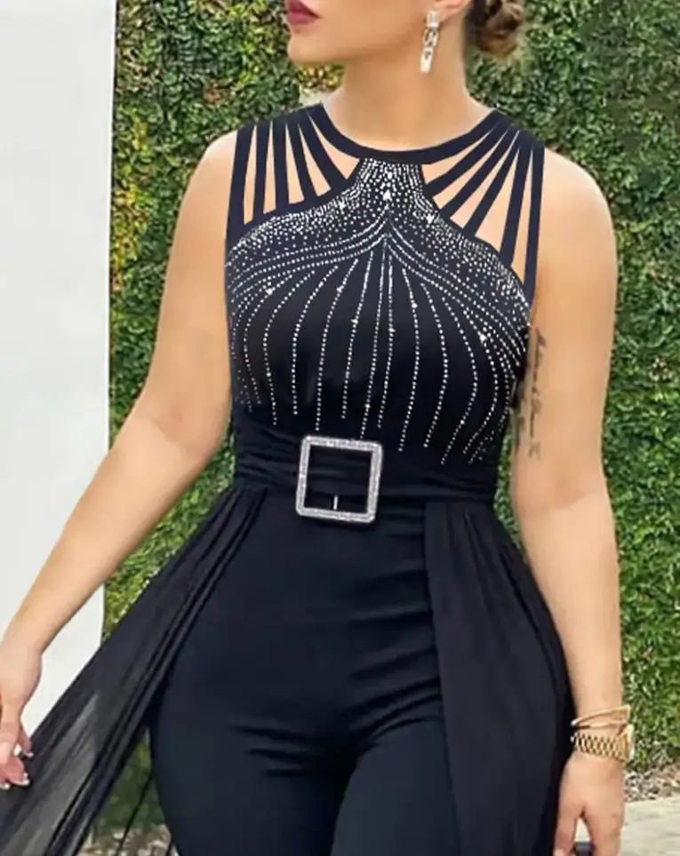 Mono sencillo de verano sin mangas con cuello redondo y diamantes de imitación para mujer, traje Sexy de malla transparente, ropa informal para diario, 2024