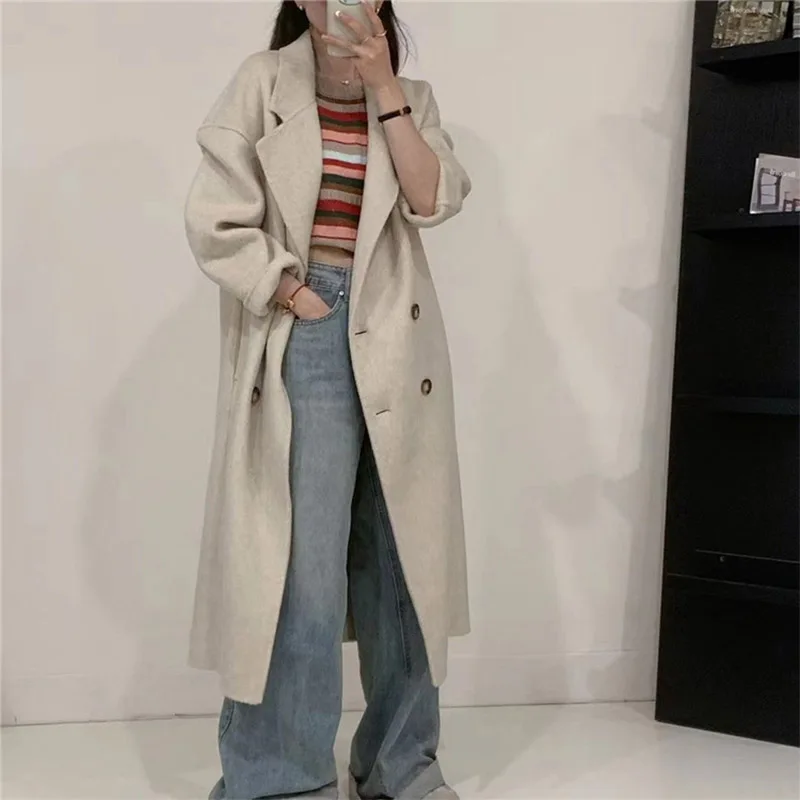 New Natural Alpaca Double-sided Woolen Coat Women Long Loose Lapel Warm High-end Wool Jacket Simple Fashion Pocket Fit Winter