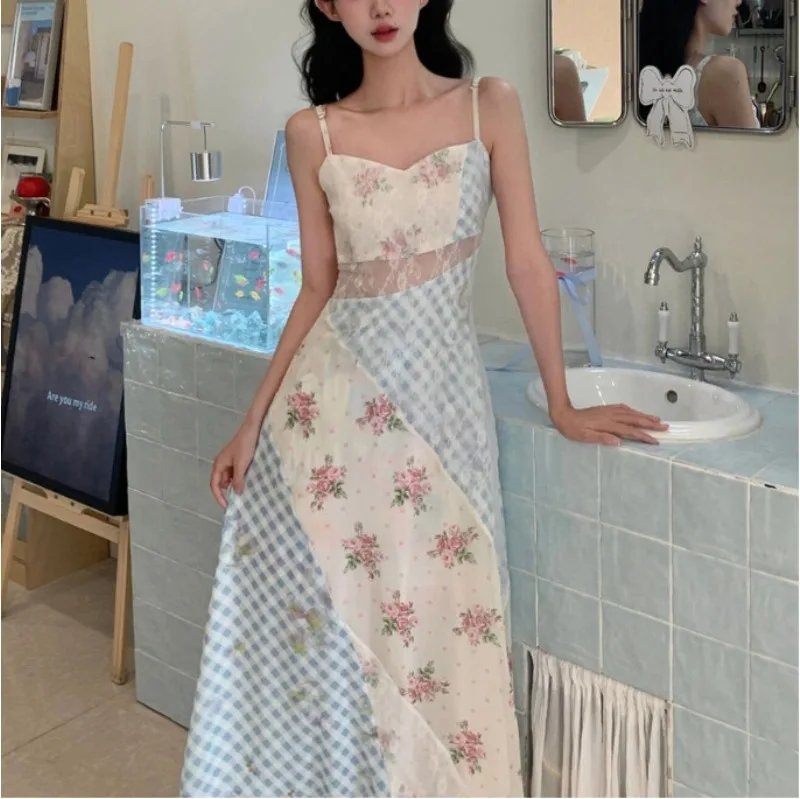 

Летнее женское длинное платье без рукавов в стиле пэчворк с цветочным принтом в клетку на тонких бретельках, элегантное тонкое платье макси, повседневная пляжная одежда для отдыха