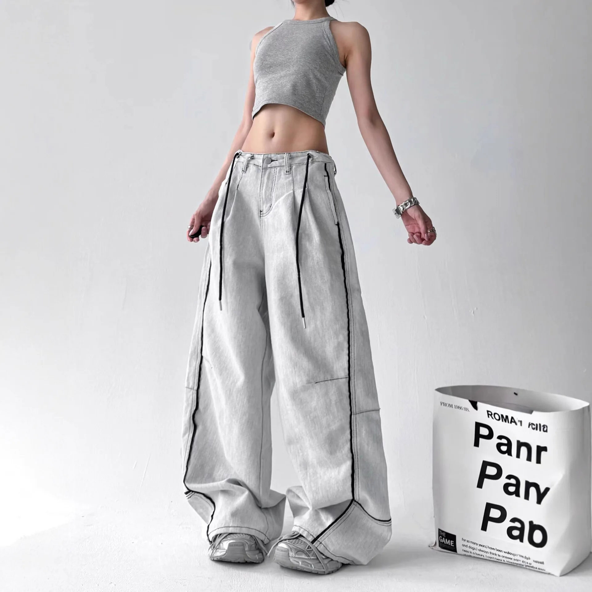 High Street Hip-hop Wide Leg Slimming Jeans for Women's Summer Desige Striped Color Blocked Pockets Versatile Jazz Dance Curve
