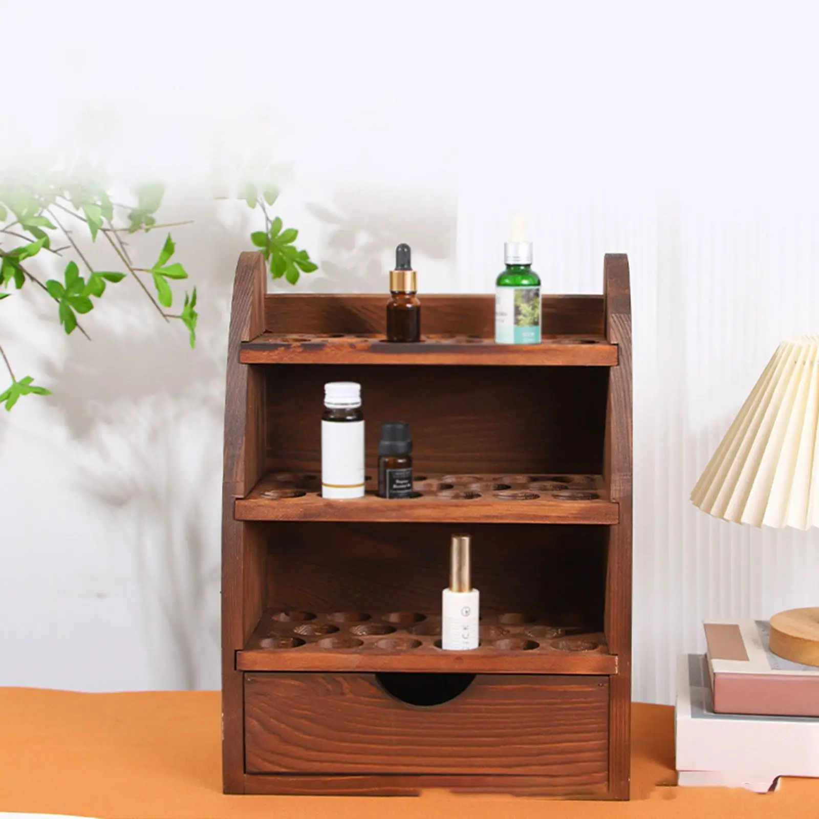 

Wooden Essential Oil Storage Rack Fragrance Shelf 3 Tiers with Drawer Table Nail