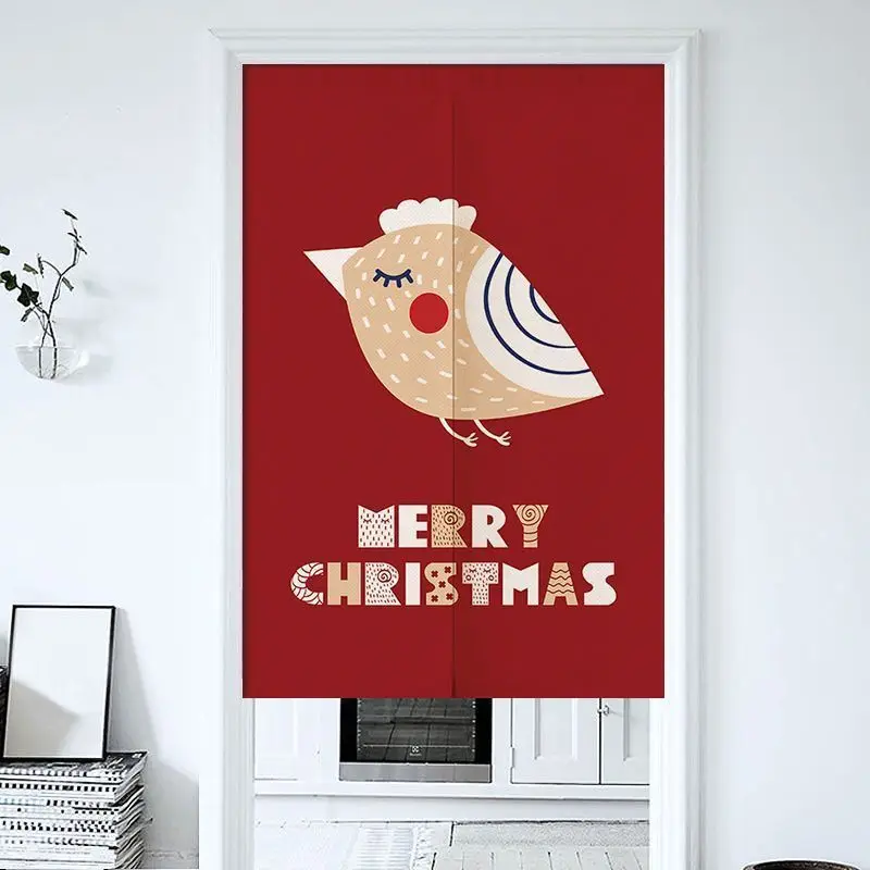 VIKAMA Christmas Cartoon Robin Bird Door Curtain Red Background Merry Golden Songbird Closed Eye Cute Kawaii Minimalist Holiday