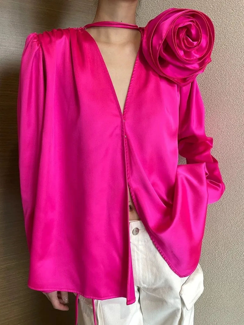 2024 Fashion 3D Floral Satin Blouse High Long Sleeves Loose Top Streetwear Korean Elegant Solid Sexy Casual Shirts Blusas Mujer