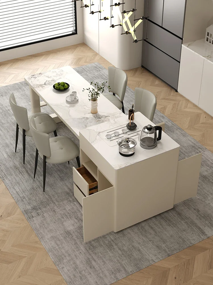 Retractable mid-island dining table integrated modern simple rock slab dining table kitchen circular arc household small