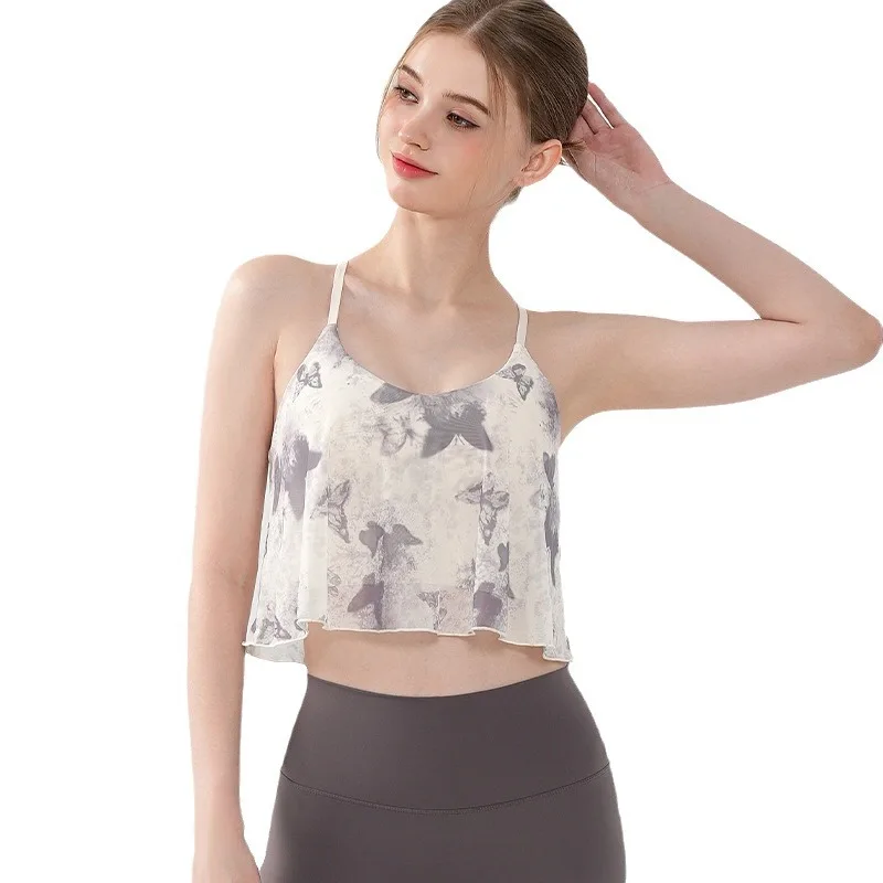 Women's vests Butterfly Print Sports Bra with Crossback Breathable Fixed Cup Fitness Tank Top Romantic Retro Yoga Vest camisoles