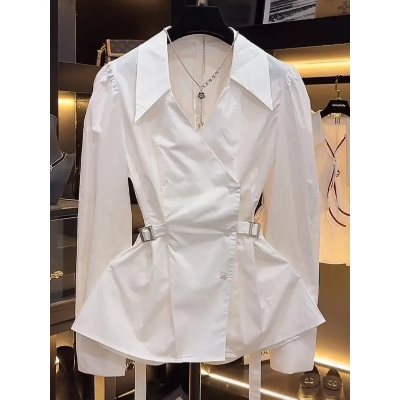 

Темпераментная белая рубашка с талией и длинными рукавами, женская осенняя мода, новый шикарный универсальный топ