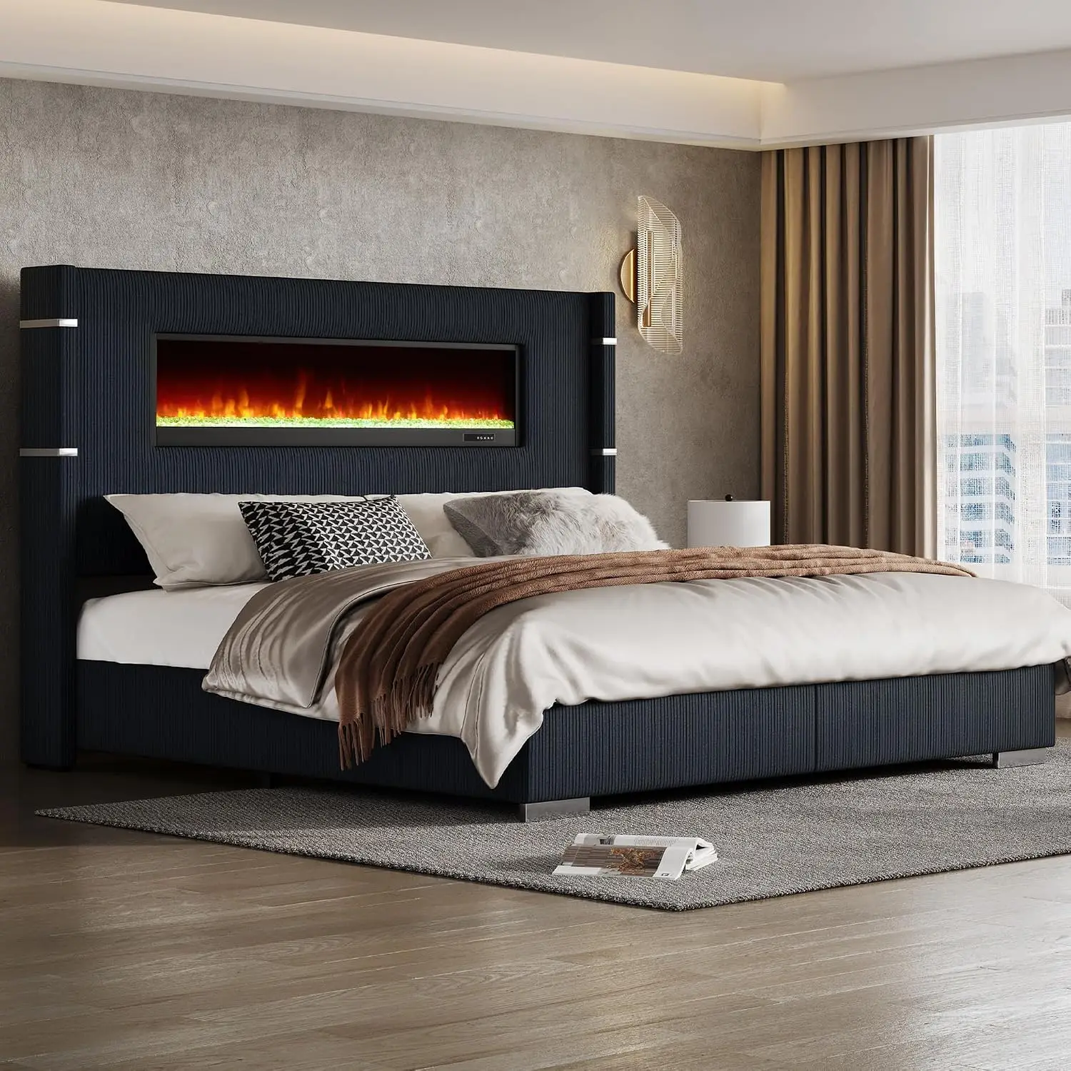 Cal King Fireplace Bed Frame, Upholstered Headboard, Black, Customized