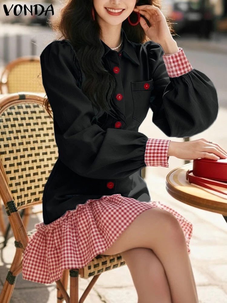 VONDA Elegant Plaid Dress Women Patchwork Ruffled Mini Sundress 2025 Autumn Long Sleeve Buttons Casual Buttons Party Vestidos