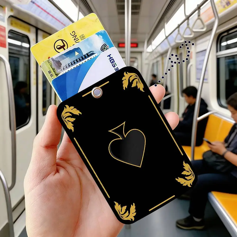 Ace of Spade Rectangle ID Card Case Keychain Access Card Bag Key Tag Ring Leather Card Holder Key Ring Access