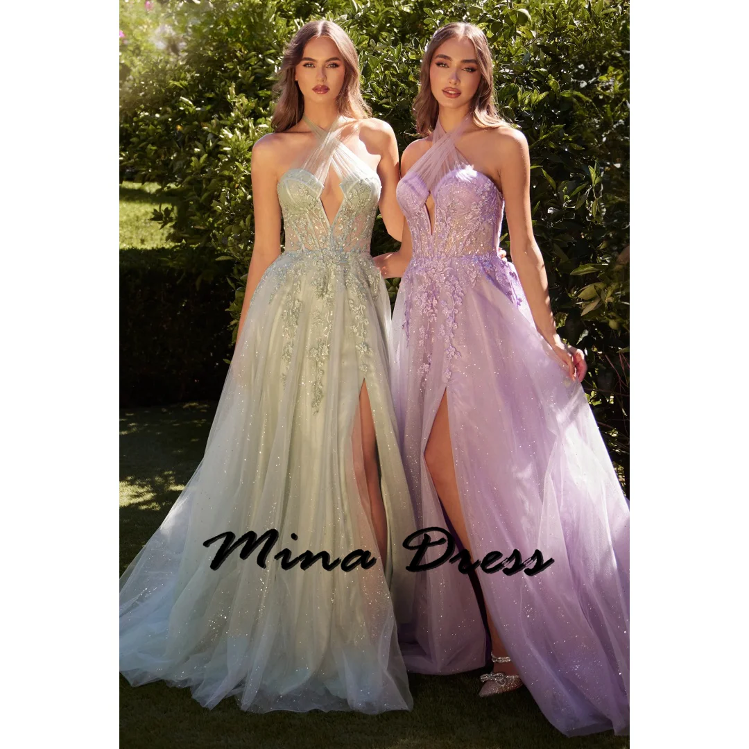 

Mina Customized Backless Elegant Evening Dresses 2024 Luxury Embroidery Simple and Elegant Formal Dress Es Halter Neck Sequins