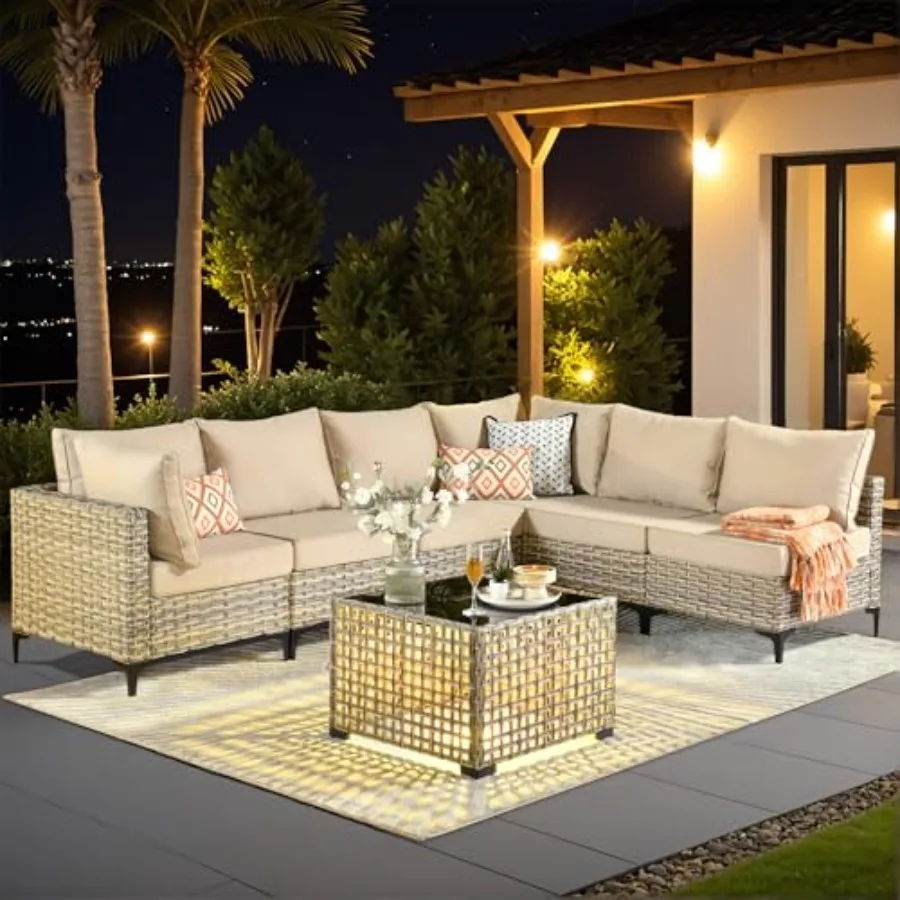 

Outdoor Sectional Patio Furniture Set with Glowing Table, 7 Pieces Wicker Conversation Sets L Shaped Couch Out Door Sofa Set Ou