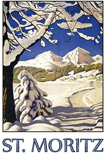 St. Moritz Winter Landscape Theme Metal Tin Sign 8x12 Inch Home Kitchen Travel Decor Retro Tin Sign