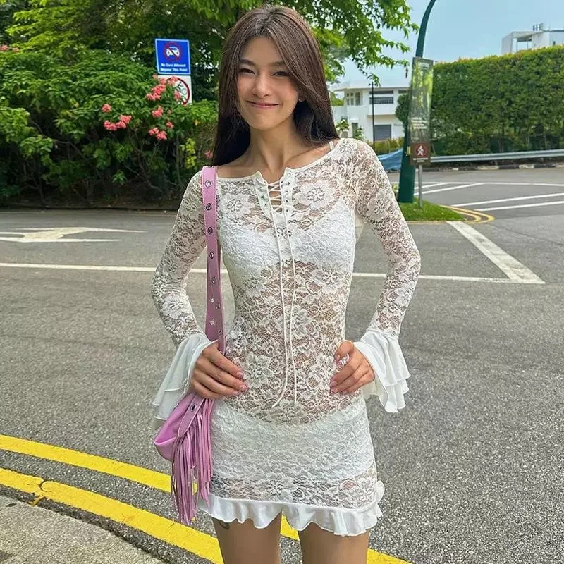 Lace Open Back Thin Autumn Women Dress Bandage Ruffles Flounce Lady Dresses Slim Design Hip White Dress Sexy Charming Streetwear