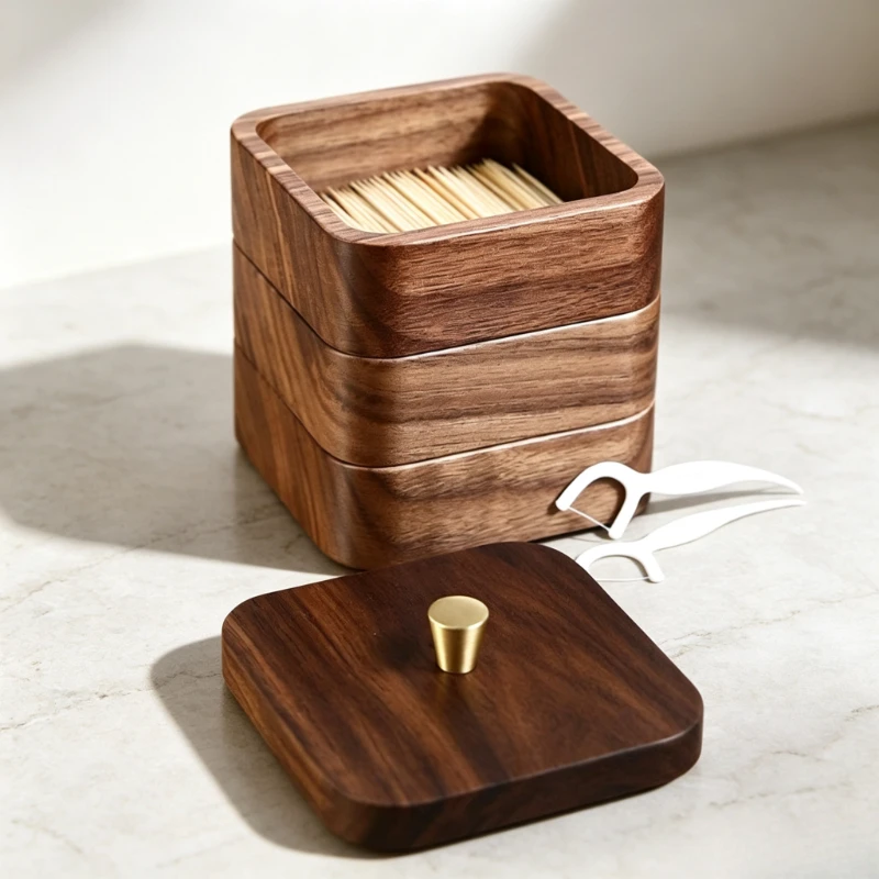 New Chinese Style Black Walnut Floss Dispenser Solid Wood Covered Toothpick Box Multi-layer Dustproof Desktop Storage Case