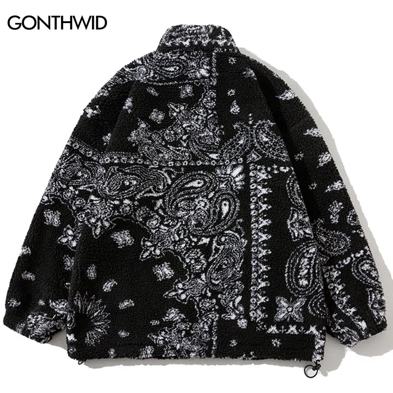 Winter Fuzzy Lamb Fleece Jacket Streetwear Hip Hop Paisley Bandana Print Fluffy Plush Warm Coats Autumn Harajuku Casual Jackets