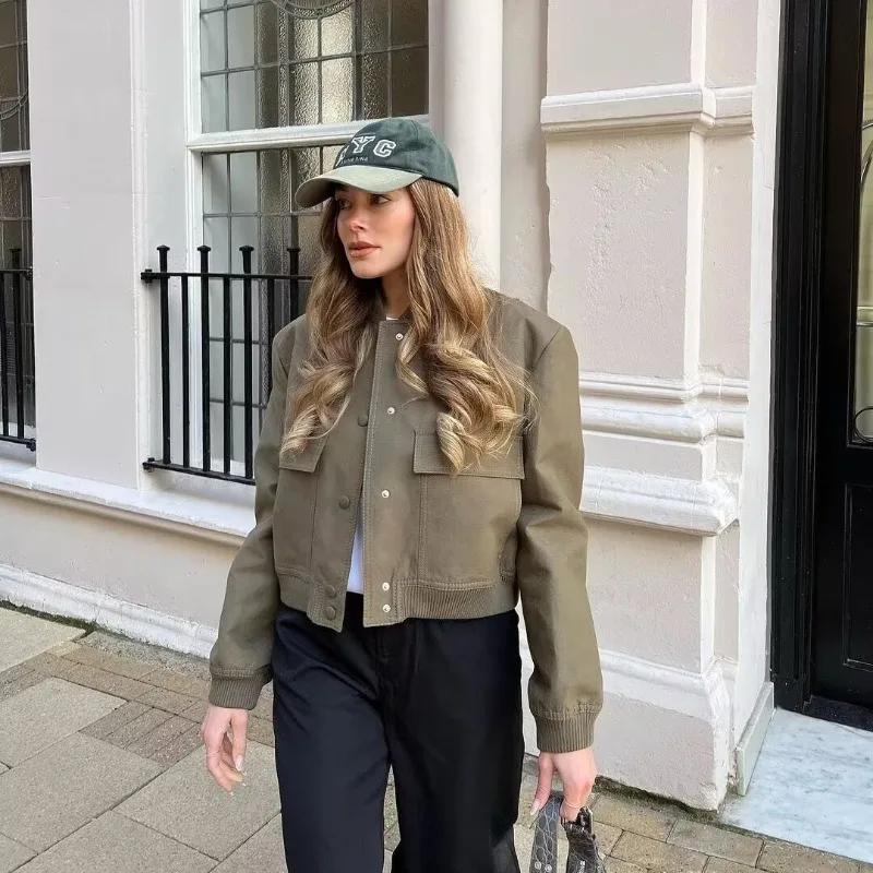 

European and American Fashion Autumn New Style Large Pocket Pilot Jacket Women's Straight Tube Casual Coat Female Clothing
