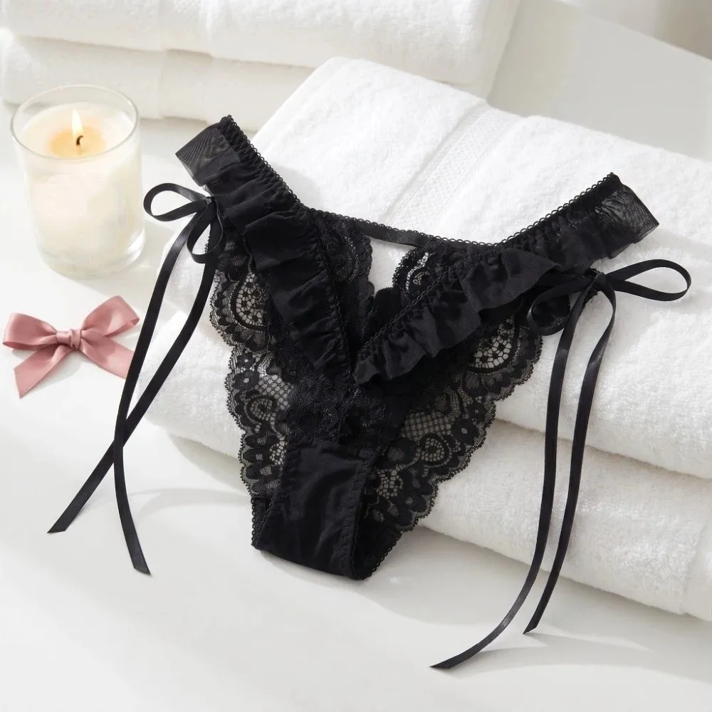 Mesh Ruffle Floral Bowknot Panties Bow Ribbon Hollow Out Lace Flower Transparent Briefs Low Waist Cotton Crotch Underpants Girl